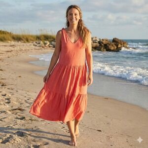 Ichi Iholivet Calypso Coral Dress‎ Womens S Tiered Sleevelss Midi Sustainable